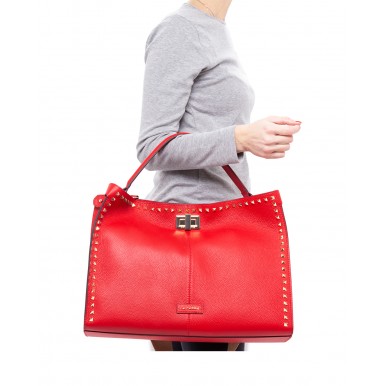 Woman's Hand Shoulder Bag LA CARRIE CV302 Studs Silvie Red Leather