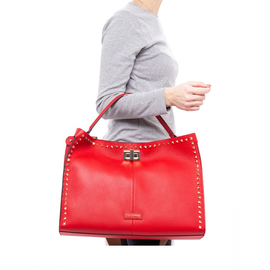 Woman's Hand Shoulder Bag LA CARRIE CV302 Studs Silvie Red Leather
