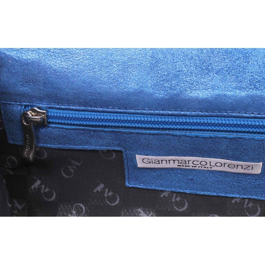 Damen Hand Tasche Pochette GIANMARCO LORENZI Leder Turquoise Strass Made Italy