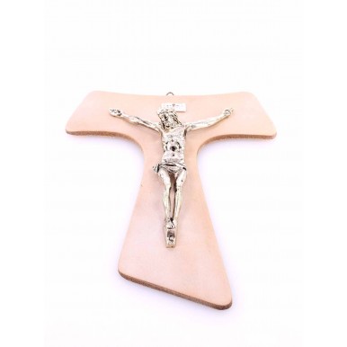 Religion Crucified Christ TAO Metal Cross True Leather Ivory Hand Made In Italy
