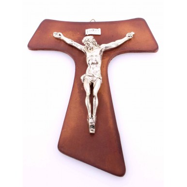 Religion Crucified Christ TAO Metal Cross Real Leather Brown Hand Made In Italy