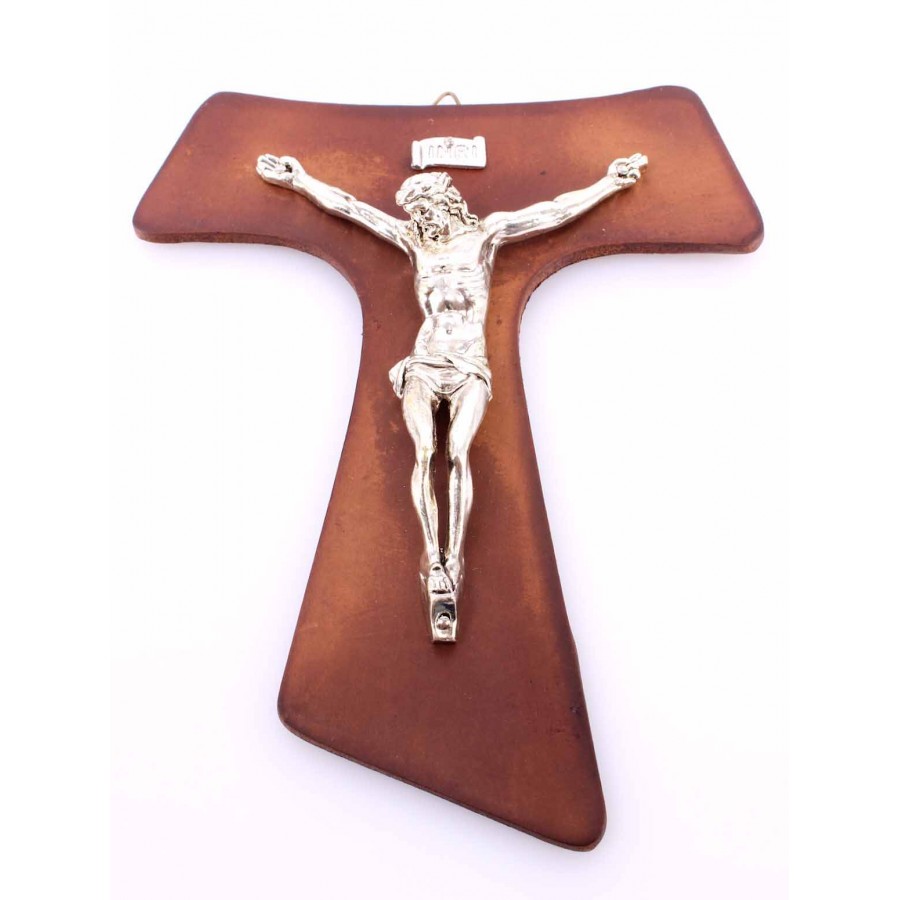 Religione Crocifisso TAO Cristo Metallo Croce Vero Cuio Marrone A Mano In Italia