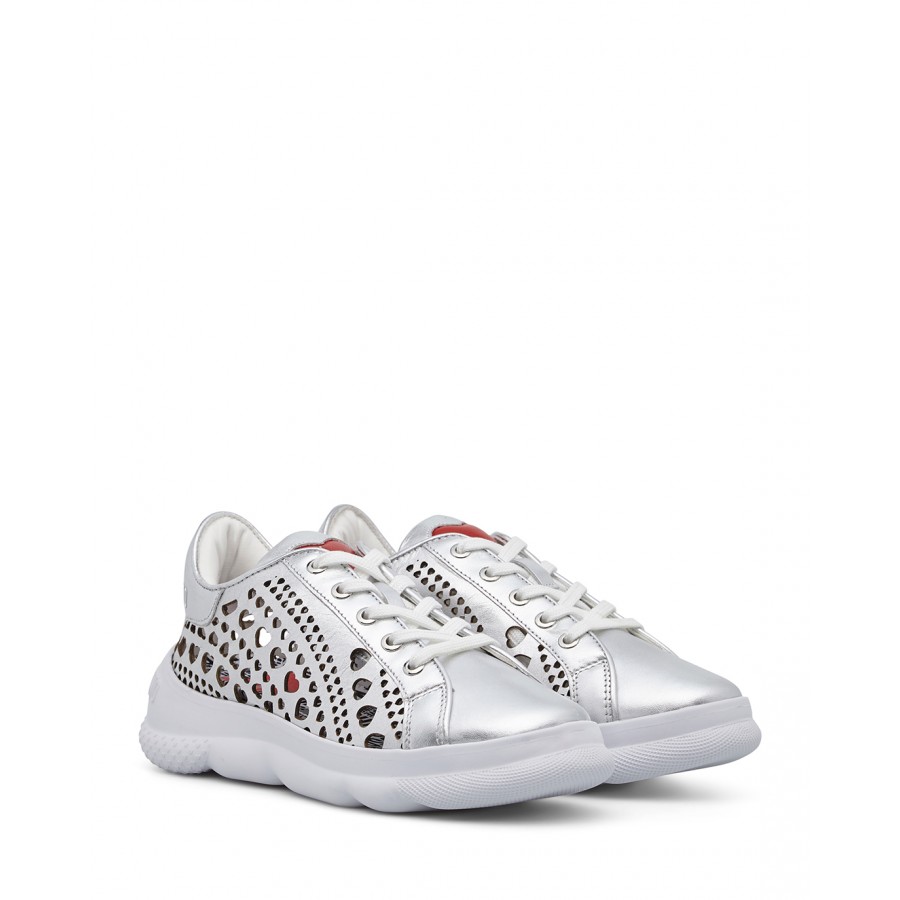 Femmes Sneakers LOVE MOSCHINO JA15384 Lamin Argento Cuir Argent