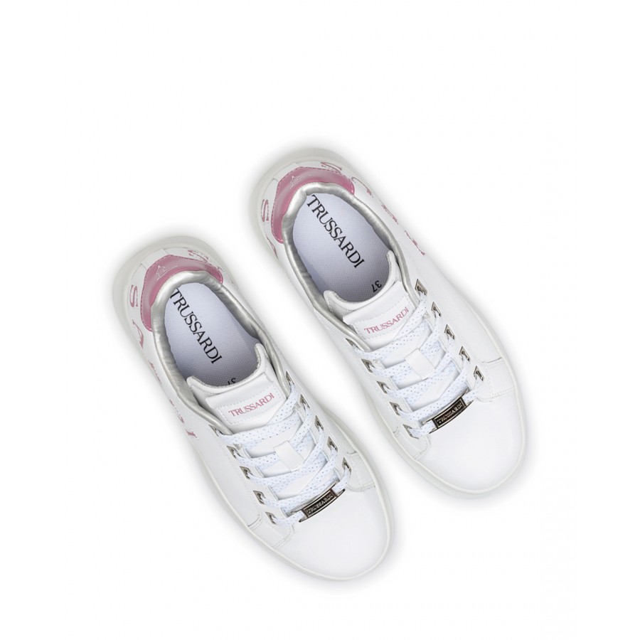Scarpe Donna Sneakers TRUSSARDI Leilani White Pink Pelle Bianca